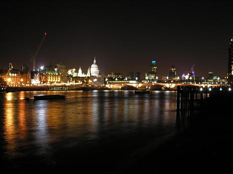 The River Thames at night, looking towards St. Paul's and Blackfriars Bridge from the south bank.